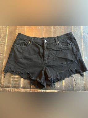 aerie Black Distressed Frayed Hem Jean Shorts with Elastic Waist